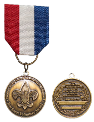 Ribbon in red, white and blue cloth suspending a bronze circular medal with the Boy Scouts of America logo. Reverse side reads: Our Inspiration is from our past, our duty is in the present, our home is in the future