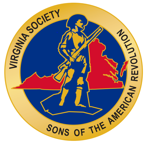 Virginia SAR–Pomeroy logo features a circular emblem with a gold border. Inside, against a red and blue background that outlines the shape of Virginia, stands the silhouette of a colonial militia man in navy blue. The militia man is holding a rifle vertically with both hands. Above the figure, arched text reads “VIRGINIA SOCIETY,” and below is “SONS OF THE AMERICAN REVOLUTION.” The color contrast between the gold, red, blue, and navy blue creates a striking visual emblem representing historical significance related to Virginia and the American Revolution.