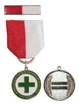 SAR Life Saving Medal: The medal is gold in color. The obverse depicts a green cross in the center enclosed within a green circle. Within the green circle, the words “Sons of the American Revolution” appear on top and “Life Saving” appears on the bottom. It is worn from a chest ribbon of red halved with white. 

The medal is accompanied by a half red, half white enameled bar, suitable for wear on uniform, and a certificate for engrossing. A miniature medal is available.